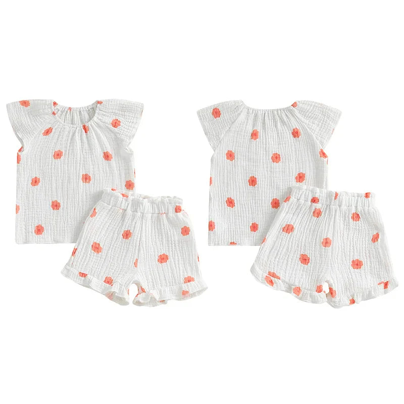 Baby Toddler Girls 2Pcs Floral Outfit Cap Sleeve T-shirt Top Elastic Waist Ruffle Shorts Summer Set