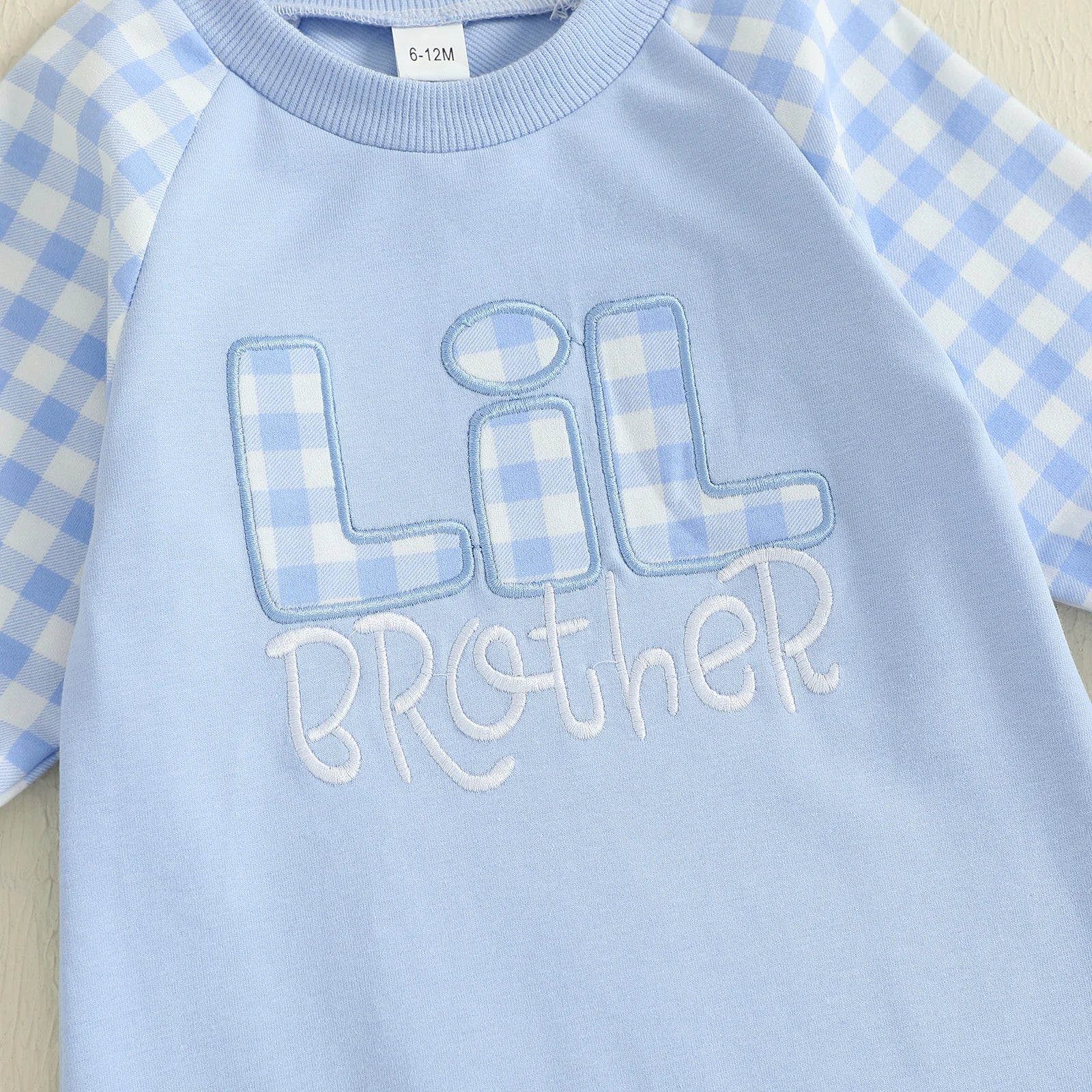 Baby Toddler Boy Lil Brother Fall Romper Plaid Print Letter Embroidery Long Sleeve Round Neck Full Length Jumpsuit