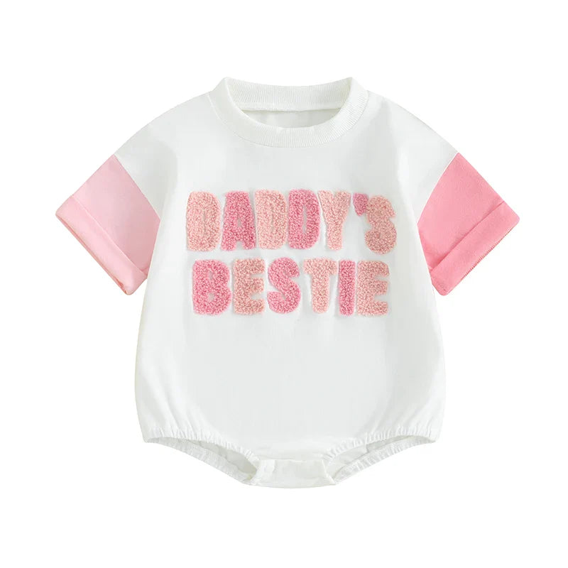 Baby Girl Daddy's Bestie Embroidery Letters Romper Short Sleeve Bodysuit Father Gift Clothes