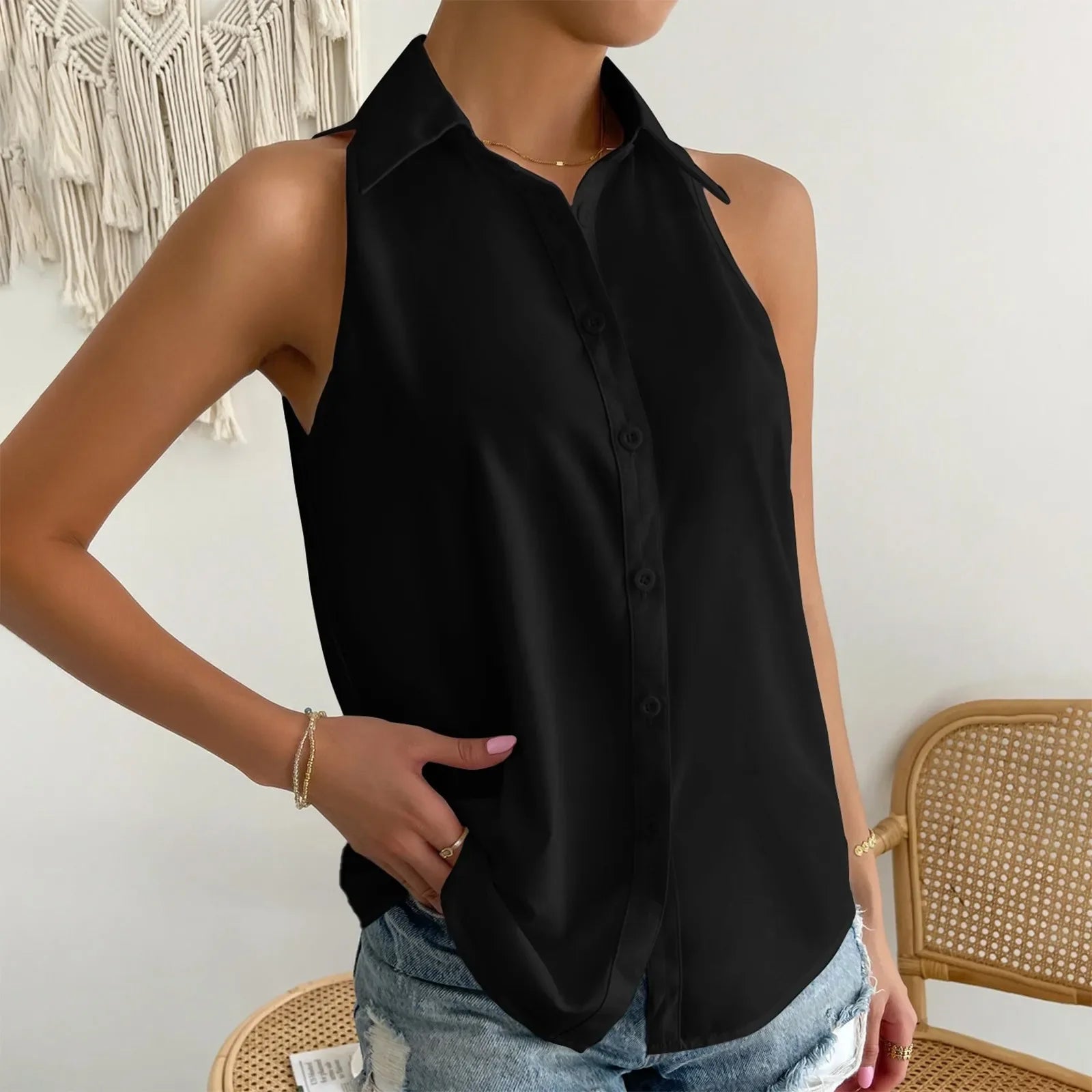 Women's Sleeveless Blouse Button Down Solid Color Casual Loose V Neck Chiffon Top for Work