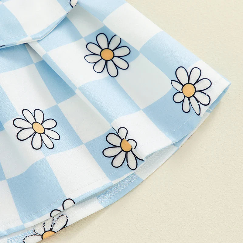 Toddler Kids Girls 2Pcs Summer Outfit Mesh Flower Sleeve Ribbed Top Floral Checker Print Skirt Set