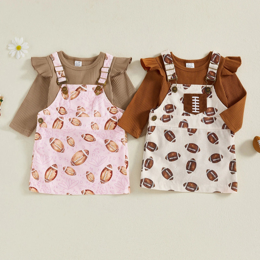 Baby Toddler Girls 2Pcs Fall Outfit Long Sleeve Romper + Football Print Overall Dress Set Clothes