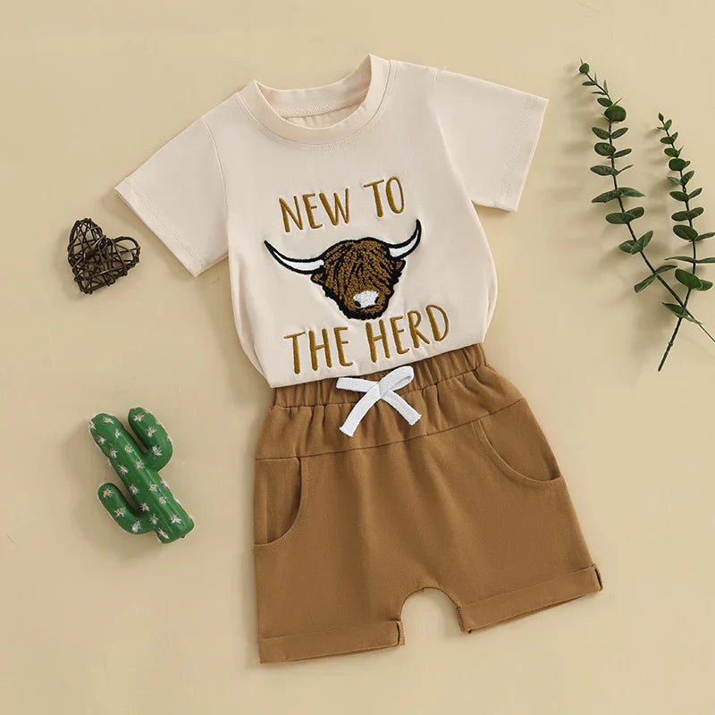 Baby Toddler Boys 2Pcs New To The Herd Summer Outfit Letter Cow Embroidery Round Neck Short Sleeve T-Shirt Top Elastic Waist Shorts Set