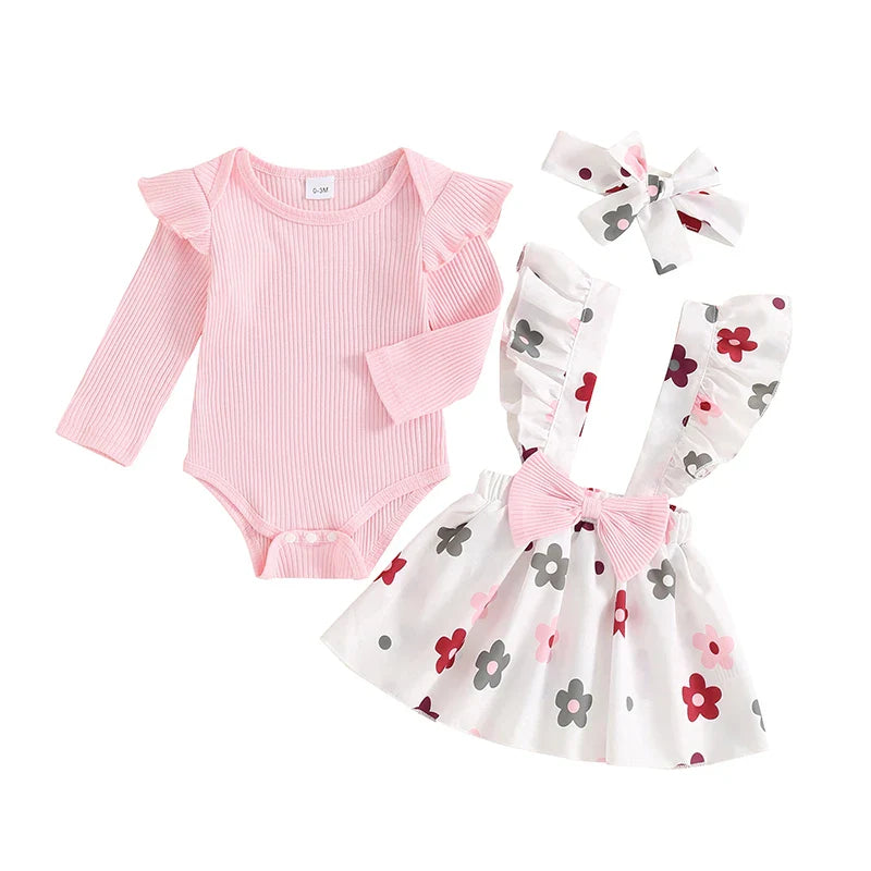 Baby Girls 3Pcs Fall Outfit Long Sleeve Ribbed Romper + Bow Suspender Flower Print Skirt + Headband Set