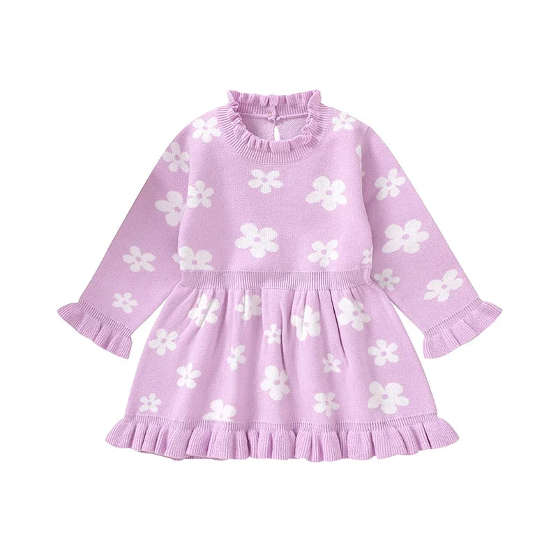 Baby Toddler Girl Long Sleeve Flower Floral Print Ruffle Sweater A-Line Dress