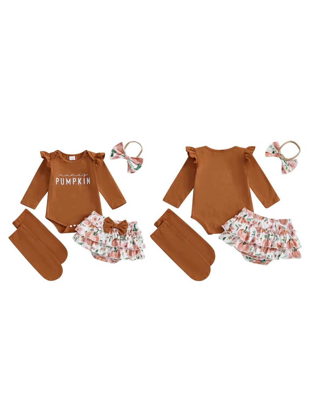 Baby Girls 4Pcs Halloween Outfit Letter Mama's Pumpkin Long Sleeve Romper Pumpkin Ruffle Shorts Skirt Bow Headband Solid Stockings Set
