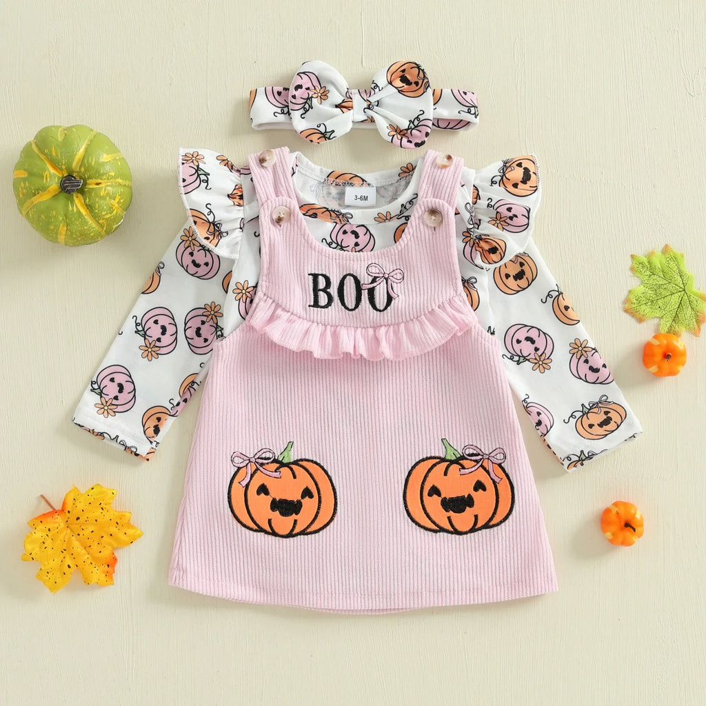 Baby Girls 3Pcs Halloween Outfit Pumpkin Print Long Sleeves Romper and Overall Tank Dress Bow Headband Set