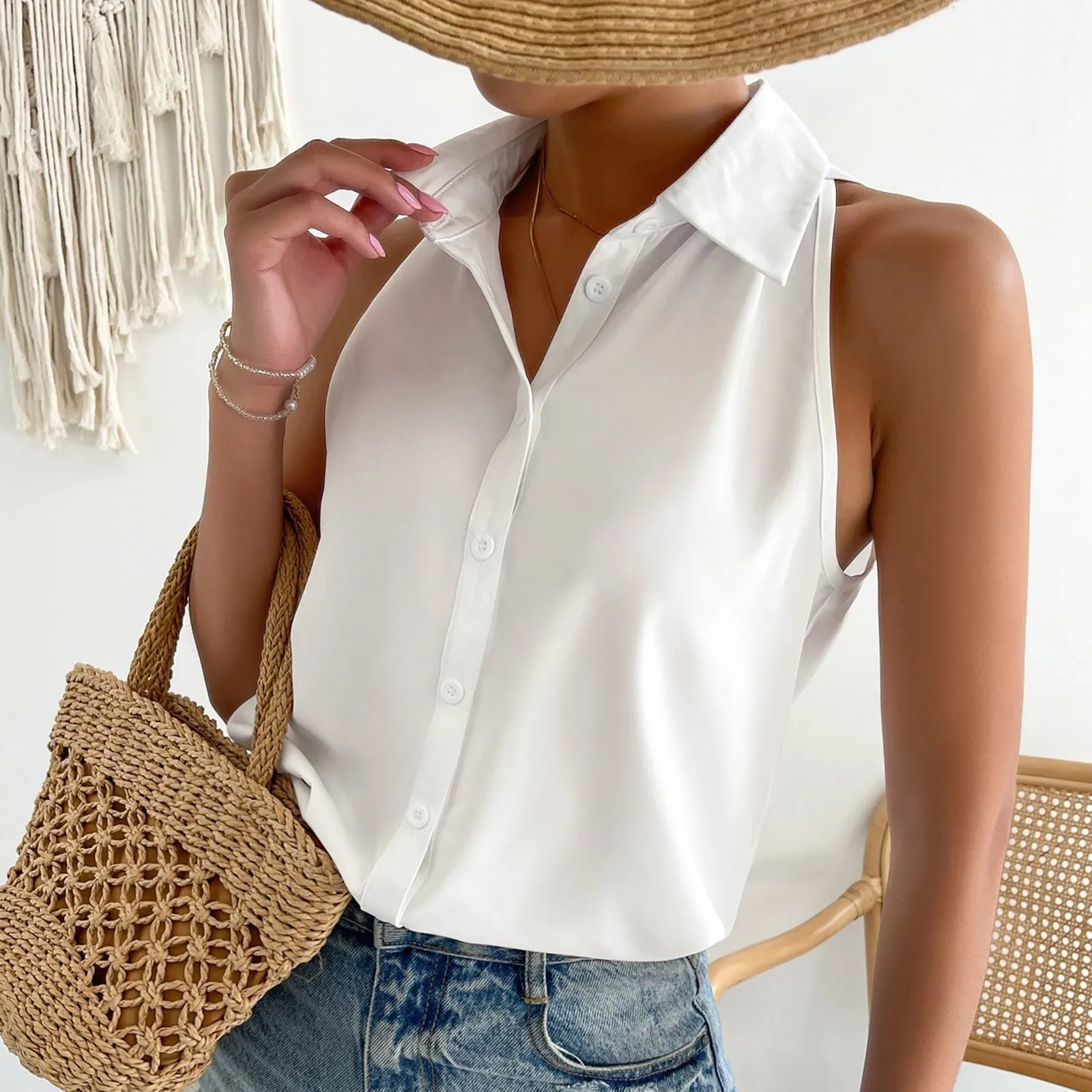 Women's Sleeveless Blouse Button Down Solid Color Casual Loose V Neck Chiffon Top for Work