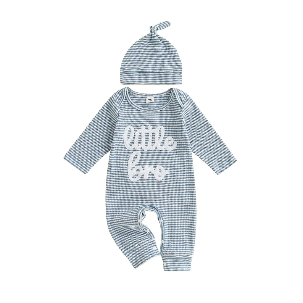 Baby Boys 2Pcs Autumn Striped Jumpsuit Long Sleeve Crewneck Letter Little Bro Embroidery Romper with Hat Set