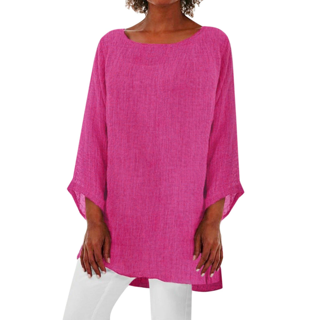 Vintage Cotton Linen Blouse Loose Blouses Summer Shirts Casual Long Sleeve Round Neck Solid Shirt