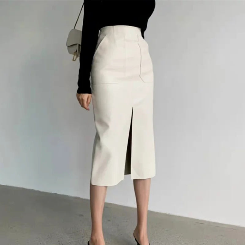Slim Straight Faux Leather Skirt Women Chic Split Design Fashion