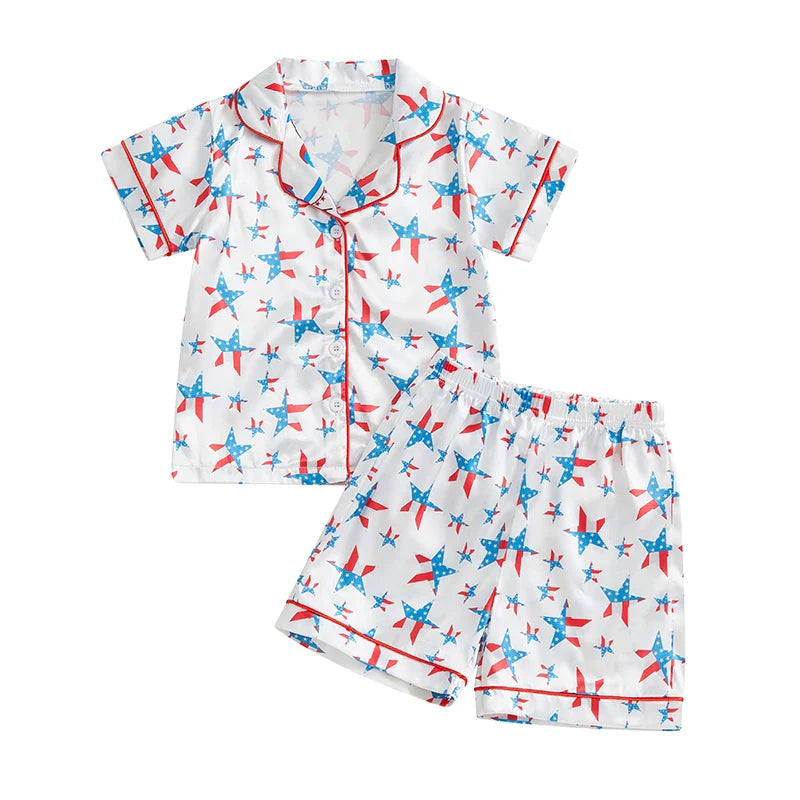 Toddler Girls Patriotic Pajamas Set Summer Star/Bow Print Button up Short Sleeves Shirt with Elastic Shorts for Loungewear