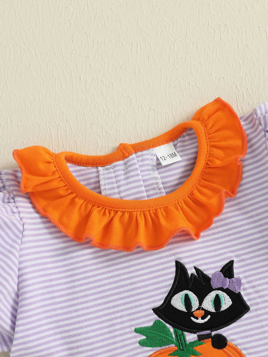 Baby Toddler Kids Girl Halloween Striped Dress Pumpkin Black Cat Embroidered Short Sleeve Ruffled Dress Cute Fall Clothes