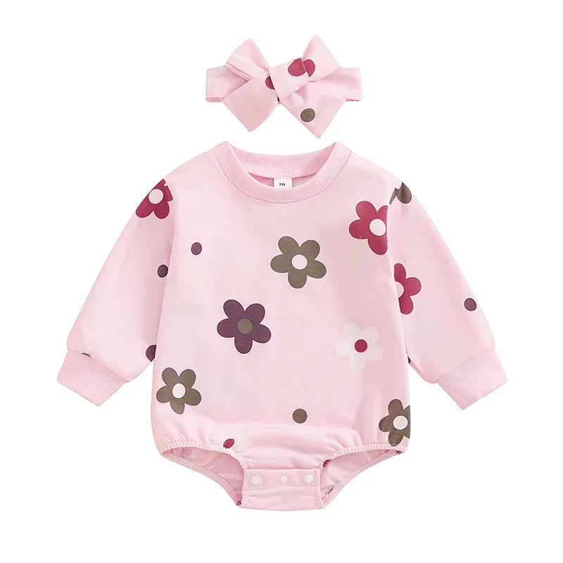 Baby Girls 2Pcs Buble Romper Floral Flowers Print Round Neck Long Sleeve Jumpsuit with Headband Fall Set