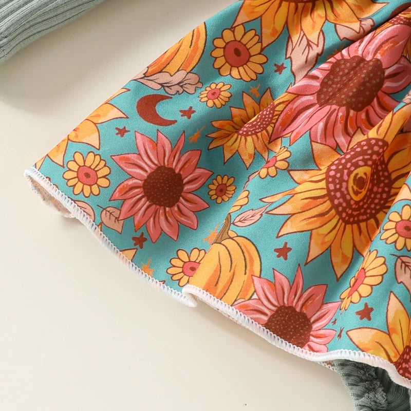 Baby Toddler Girls 2Pcs Fall Outfit Flower Print Ruffle Trim Long Sleeve Romper Dress Skirt Bow Headband Set