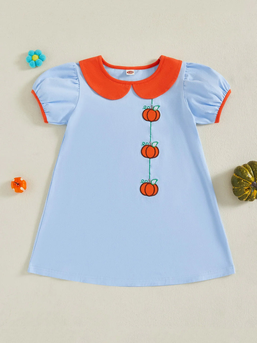 Toddler Kids Girl Halloween Dress Short Sleeve Round Neck Pumpkin Embroidery Dress Kid A-Line Dress