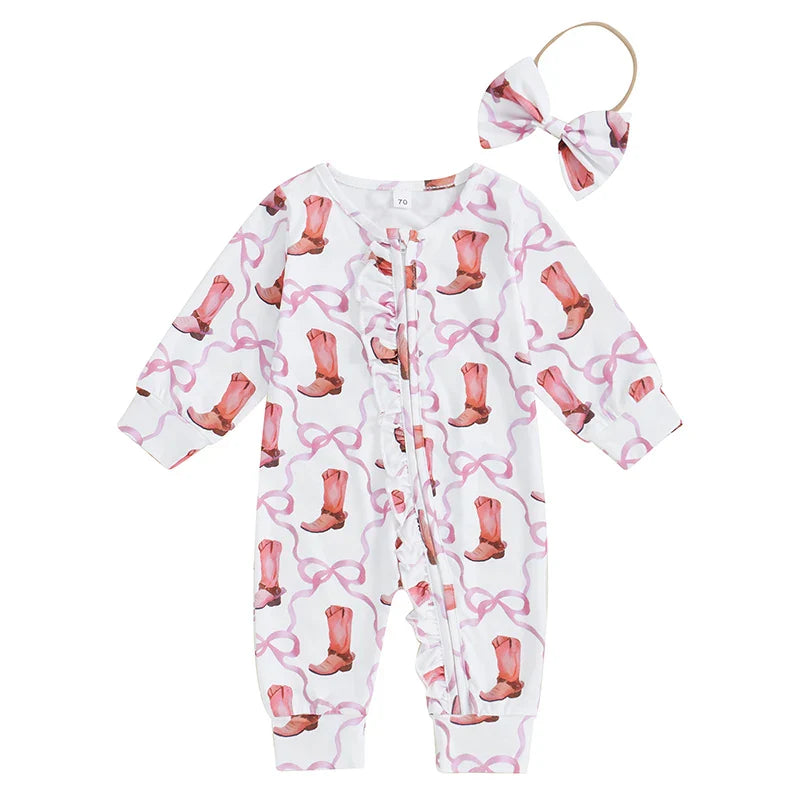 Baby Girl 2Pcs Fall Jumpsuit Ruffled Zip Up Boots Ribbons Print Long Sleeve Round Neck Zipper Romper Bow Headband Set