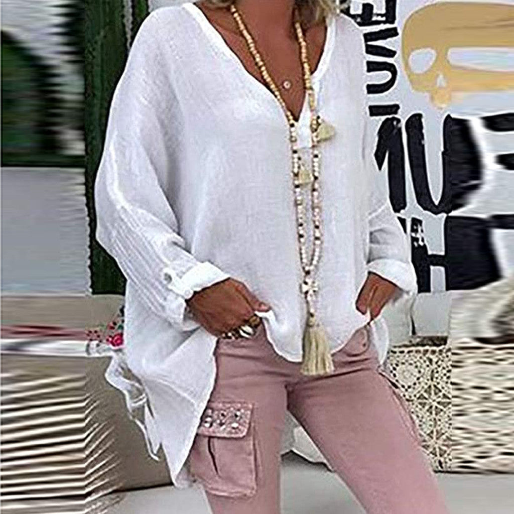 Plus Size Women's Top Summer V Neck Solid Casual Short Sleeve Blouse