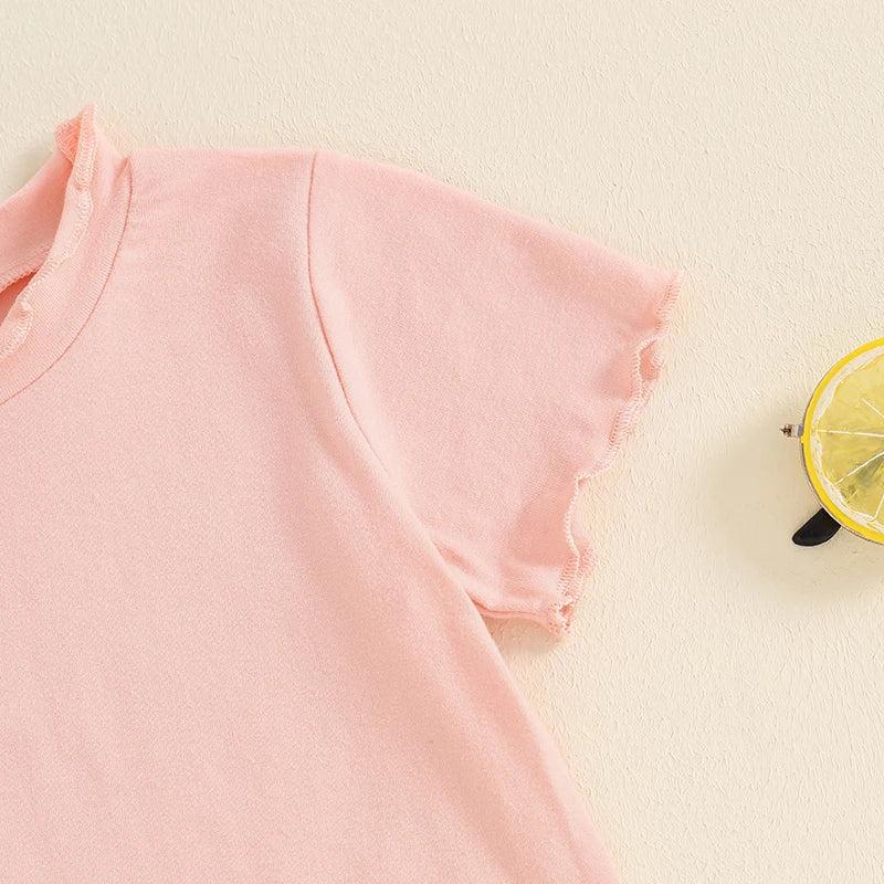 Baby Toddler Kids Girls 2Pcs Short Sleeve Crew Neck Ruffle Sleeve Top with Elastic Waist Shorts Outfit Set