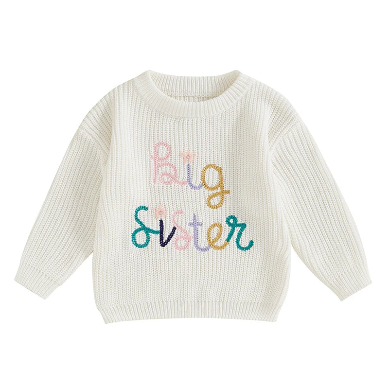 Baby Toddler Kids Girls Big Sister Fall Winter Sweater Casual Letter Flower Embroidery Crew Neck Long Sleeve Pullover Top