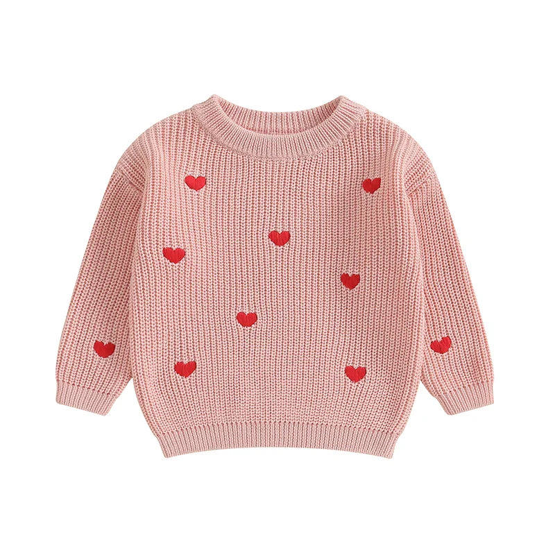 Baby Girl Knit Sweater Heart Embroidery Pullover Valentine's Day Clothes Top