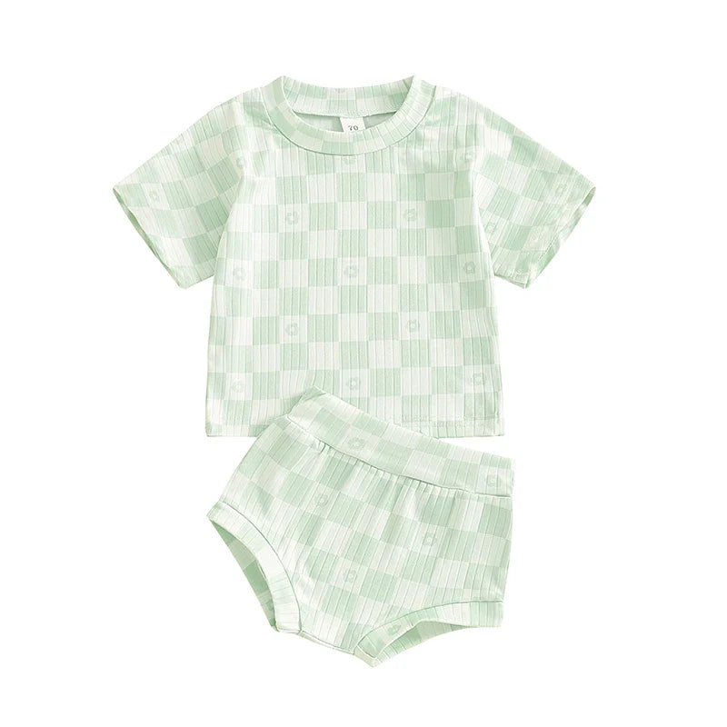 Baby Toddler Girls 2Pcs Summer Set Short Sleeve Checkerboard Flower Print Top Shorts Bloomers Outfit