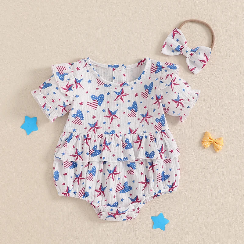 Baby Girl 2Pcs 4th of July Outfit Love Heart Star Pattern Ruffled Crew Neck Short Sleeve Romper & Bow Headband Set