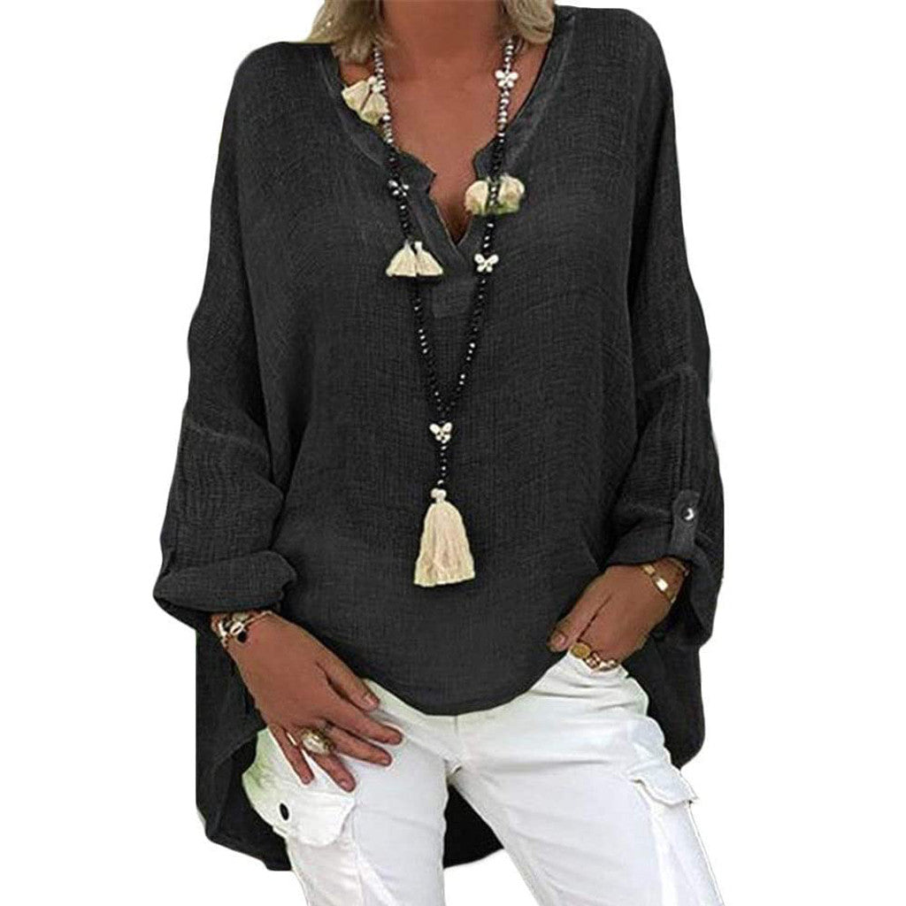 Plus Size Women's Top Summer V Neck Solid Casual Short Sleeve Blouse