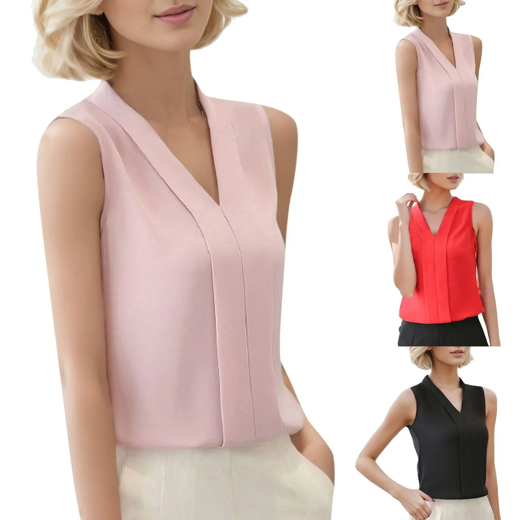 Women'S Blouse Satin Top Elegant V Neck Office Shirts Sleeveless Wear Chiffon Brief Casual Work Suit
