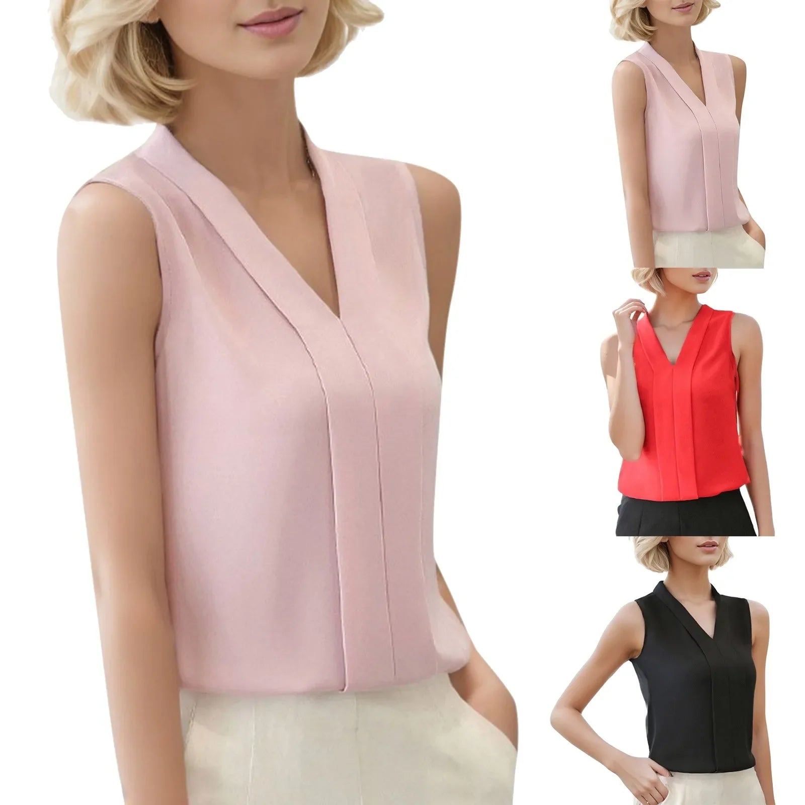 Women'S Blouse Satin Top Elegant V Neck Office Shirts Sleeveless Wear Chiffon Brief Casual Work Suit