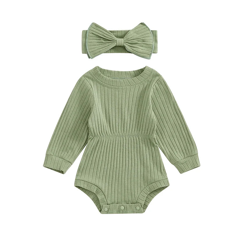Baby Girls Spring Fall Solid Color Round Neck Long Sleeve Ribbed Romper Bow Headband Set