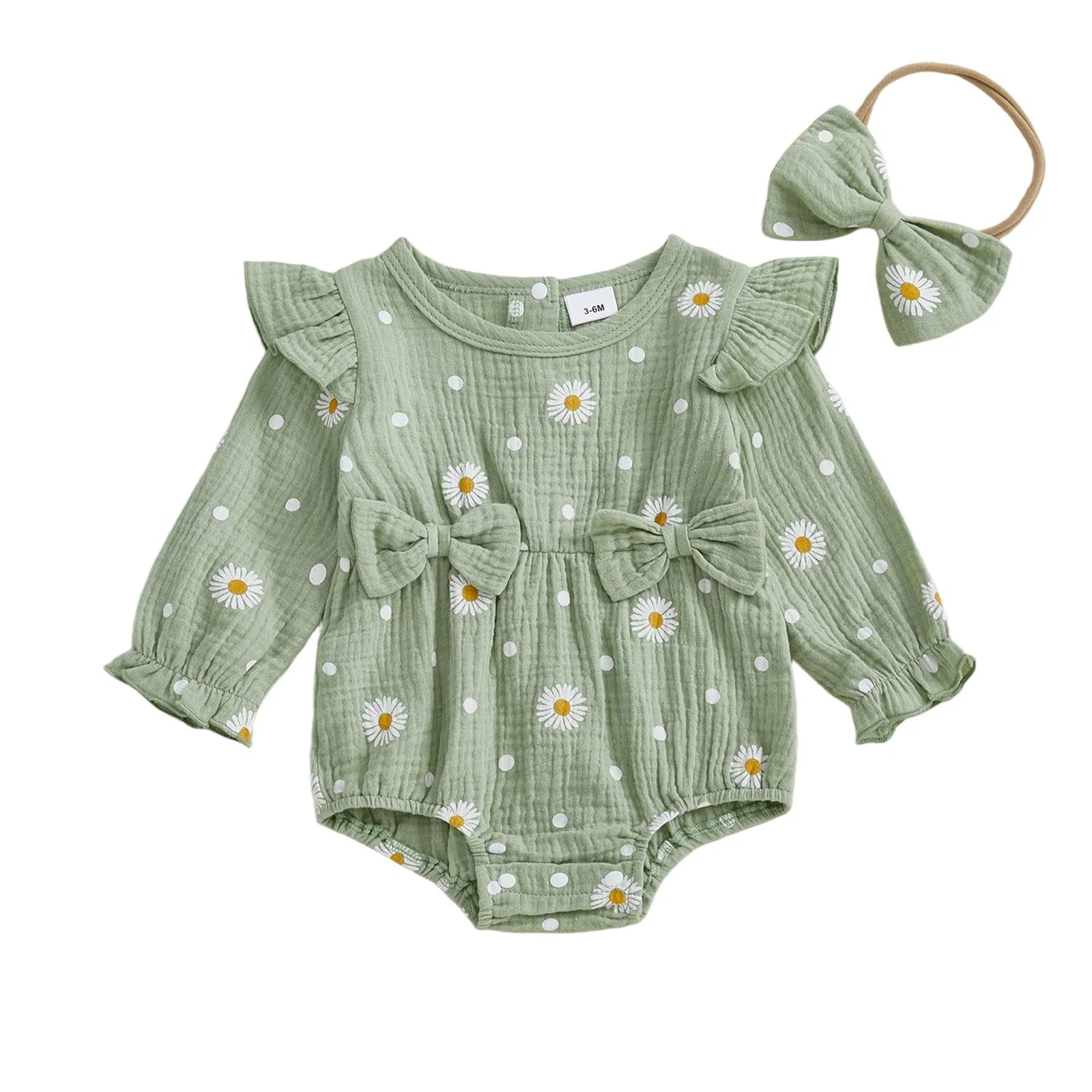 Baby Girl Fall Bubble Romper Daisy Print Long Sleeve Round Neck Bow Jumpsuit with Headband