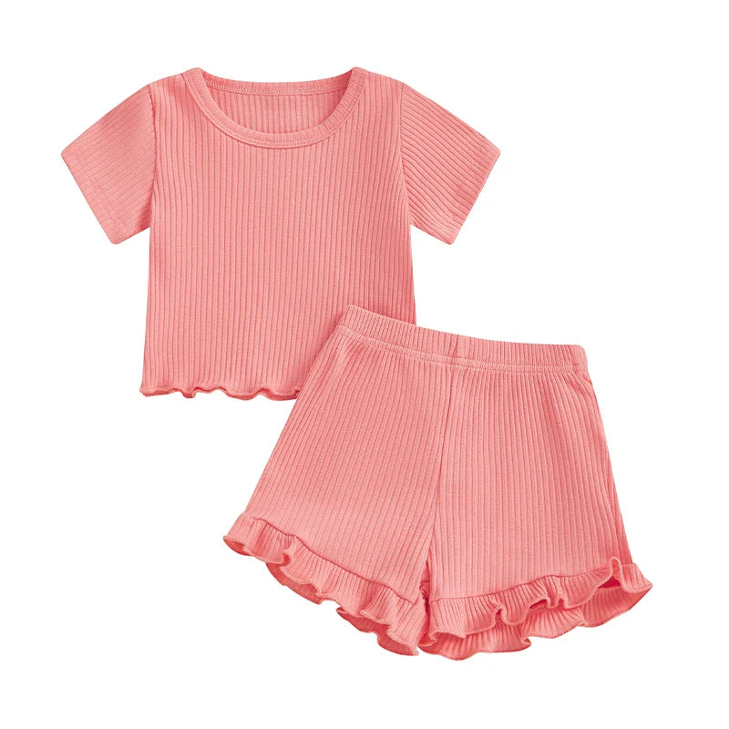 Baby Toddler Girls 2Pcs Ribbed Outfit Solid Color Short Sleeve T-Shirt Top Elastic Waist Ruffle Shorts Set