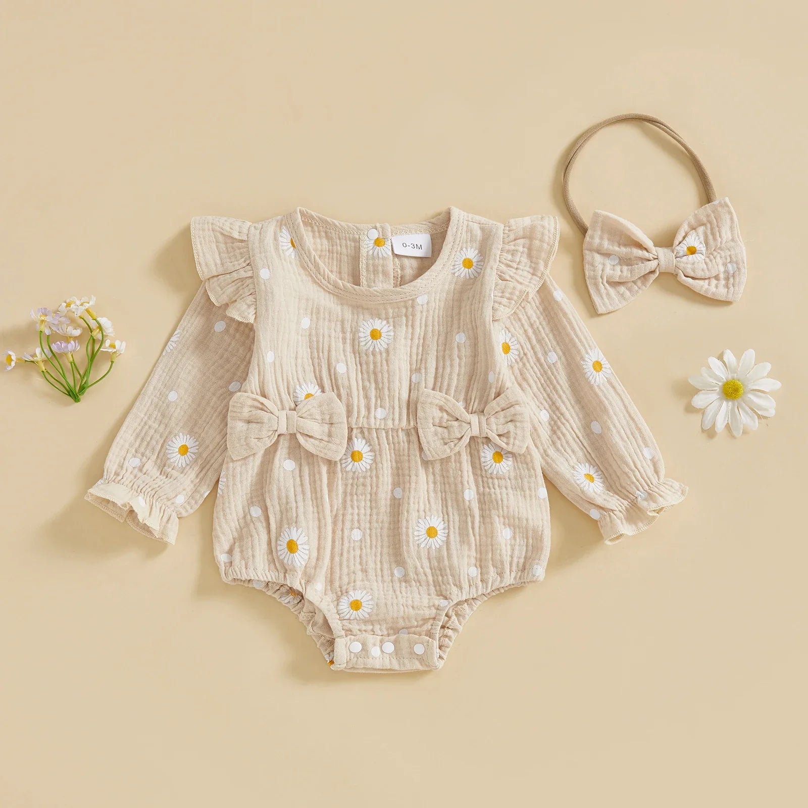 Baby Girl Fall Bubble Romper Daisy Print Long Sleeve Round Neck Bow Jumpsuit with Headband