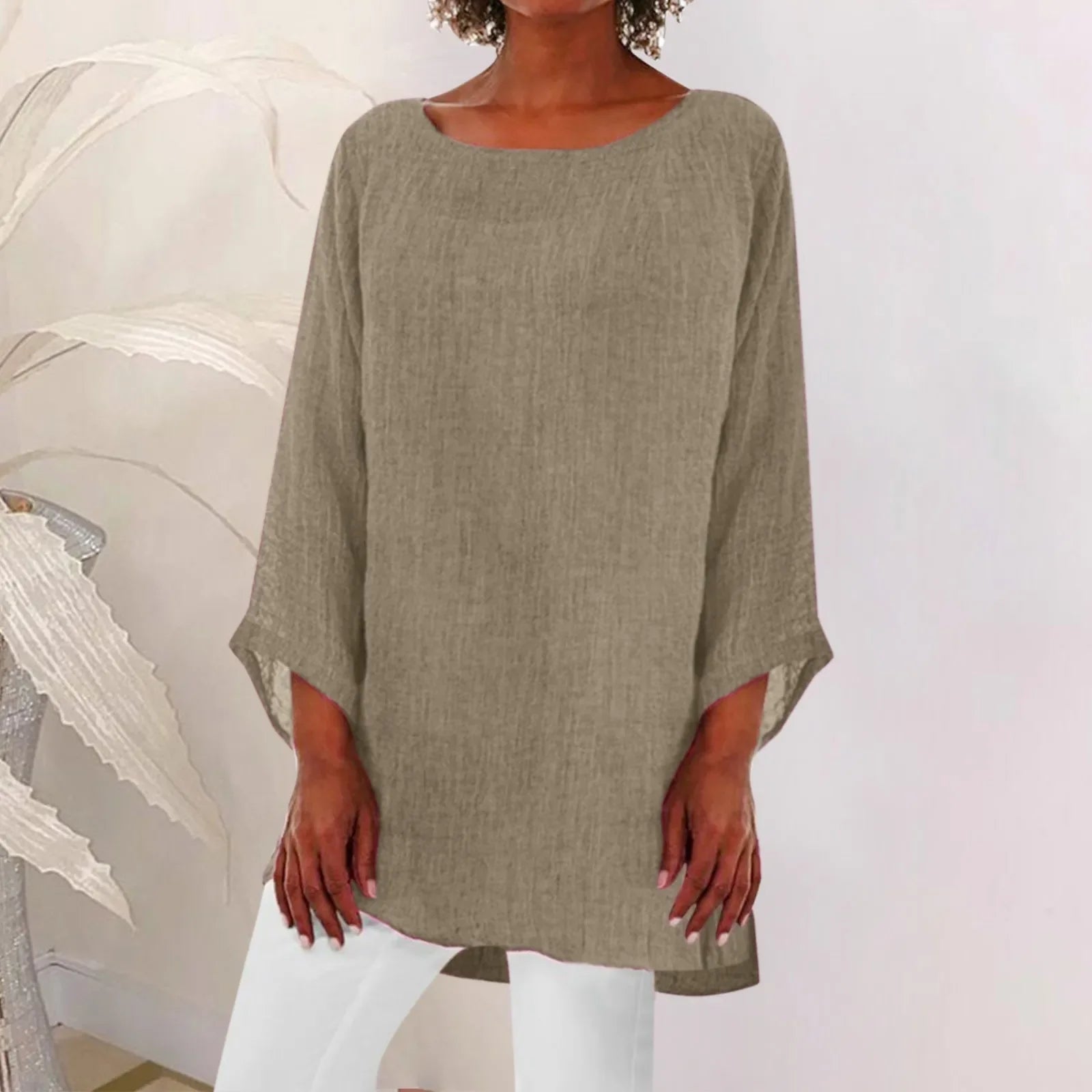 Vintage Cotton Linen Blouse Loose Blouses Summer Shirts Casual Long Sleeve Round Neck Solid Shirt