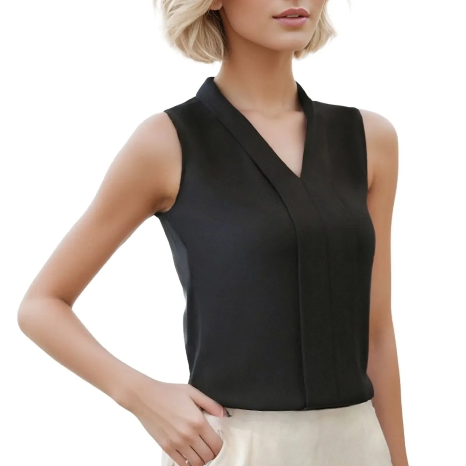 Women'S Blouse Satin Top Elegant V Neck Office Shirts Sleeveless Wear Chiffon Brief Casual Work Suit
