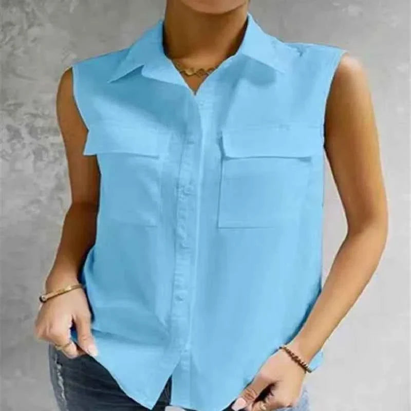 Sleeveless Lapel Shirt Solid Color Pocket Office Lady Casual Elegant Shirts & Blouses For Women Fashion Tops