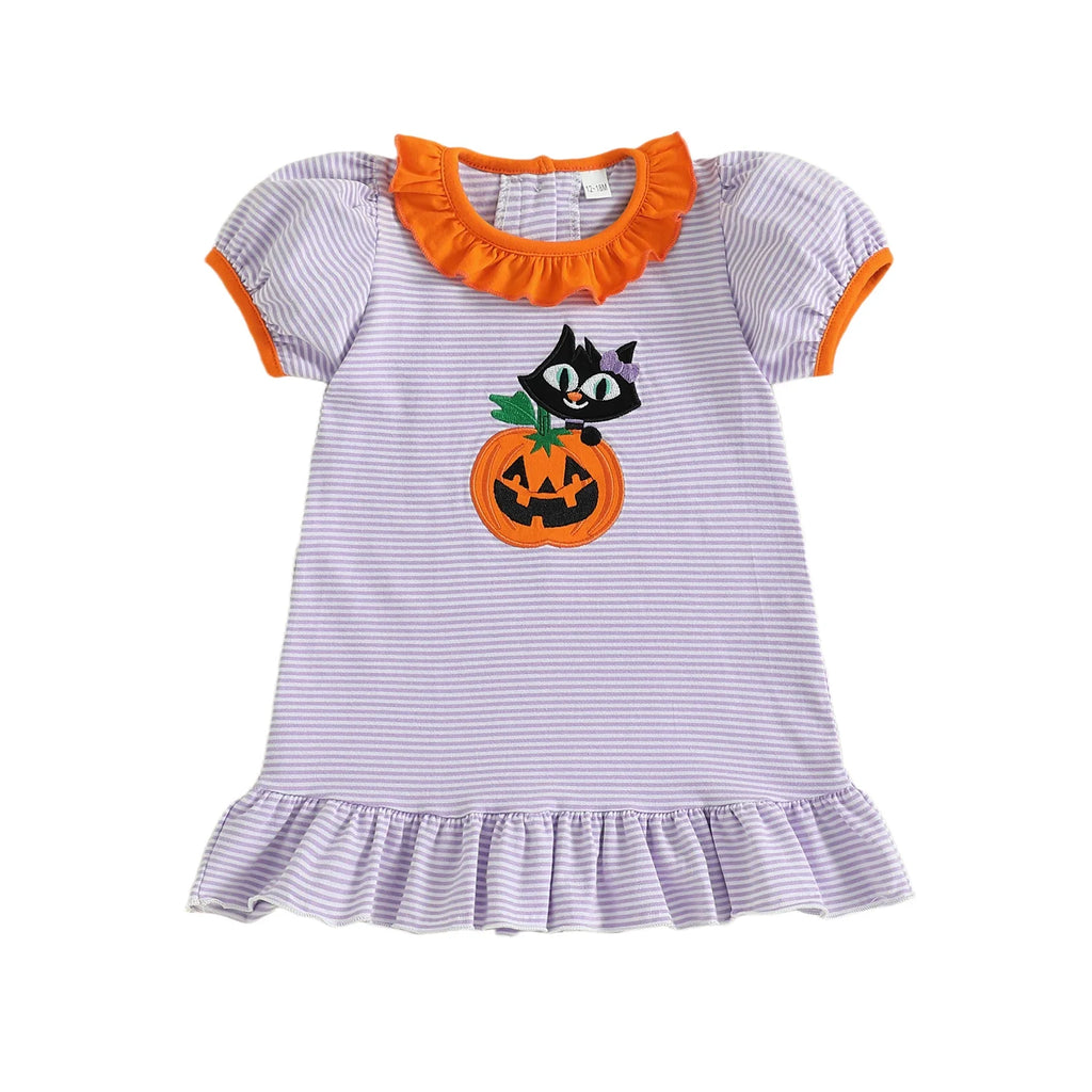 Baby Toddler Kids Girl Halloween Striped Dress Pumpkin Black Cat Embroidered Short Sleeve Ruffled Dress Cute Fall Clothes
