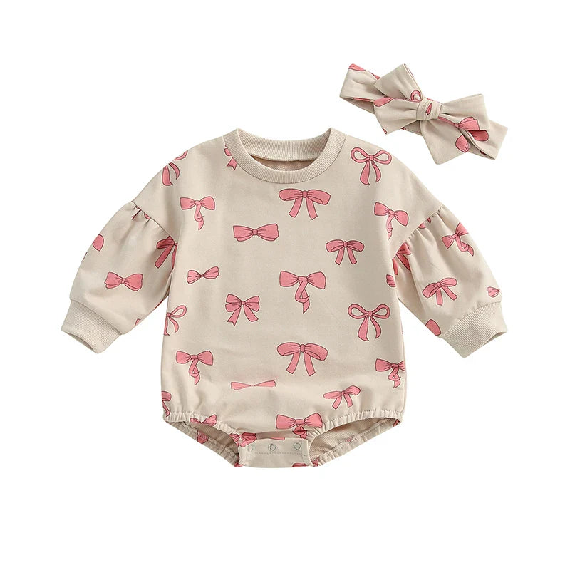Baby Girl 2Pcs Fall Outfit Bow Print Crew Neck Long Sleeve Bubble Romper Tie-up Headband Set