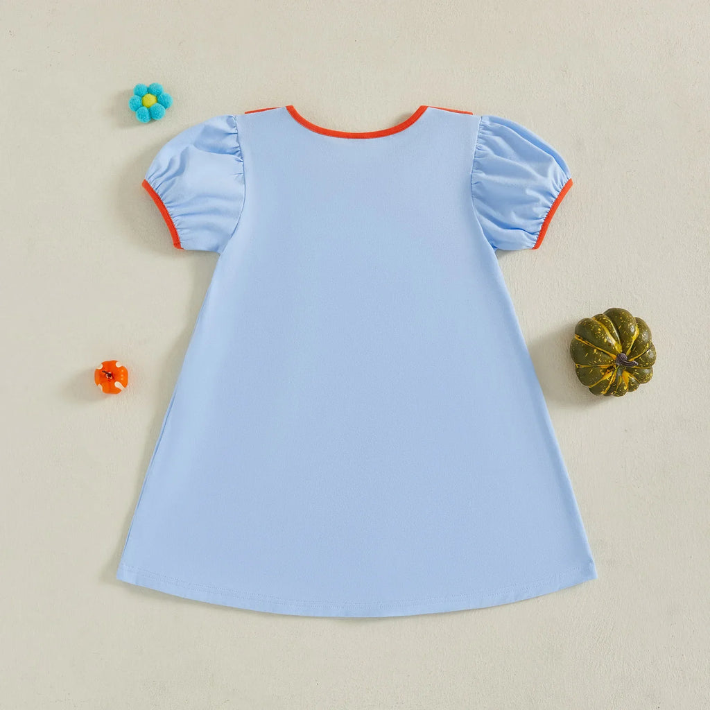 Toddler Kids Girl Halloween Dress Short Sleeve Round Neck Pumpkin Embroidery Dress Kid A-Line Dress