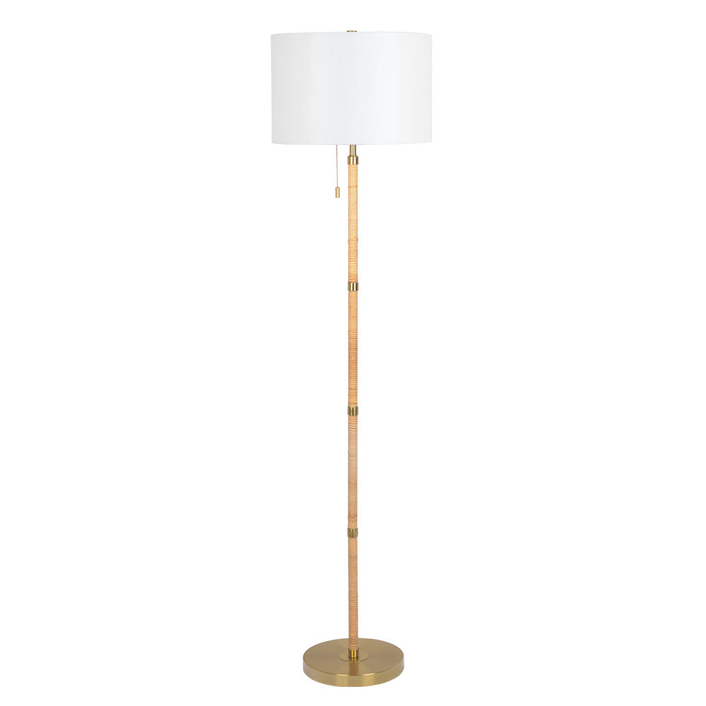 Stellar Wood Rattan Tube , Gold Brass Metal and White Linen Shade Floo