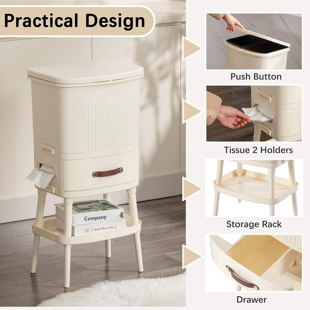 8 Gallon Elevated Trash Kitchen Can with Lid and Storage Shelf in Cream