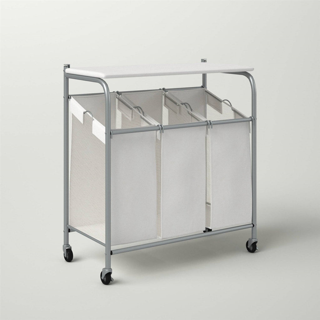 3 Section Wheeled Laundry Sorter Cart with Lift Top Folding Ironing Board