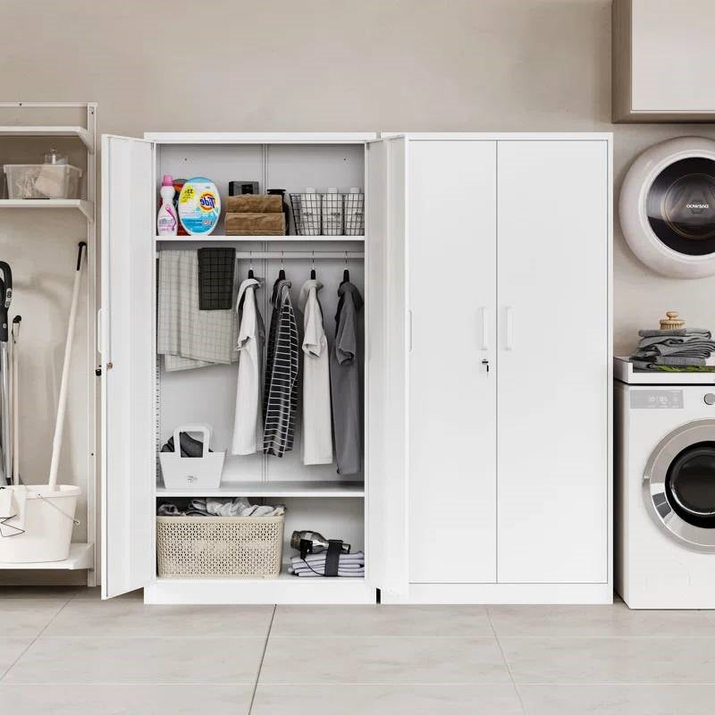 White Metal Locking Wardrobe Armoire Cabinet with Clothing Hanging Rod