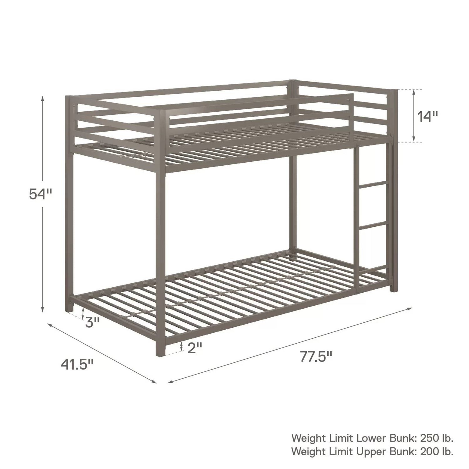 Twin over Twin size Modern Low Height Silver Grey Metal Bunk Bed