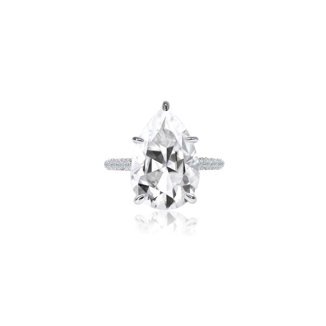 5.0ct Pear Cut Moissanite Three Row Pavè Lab Diamond Engagement Ring