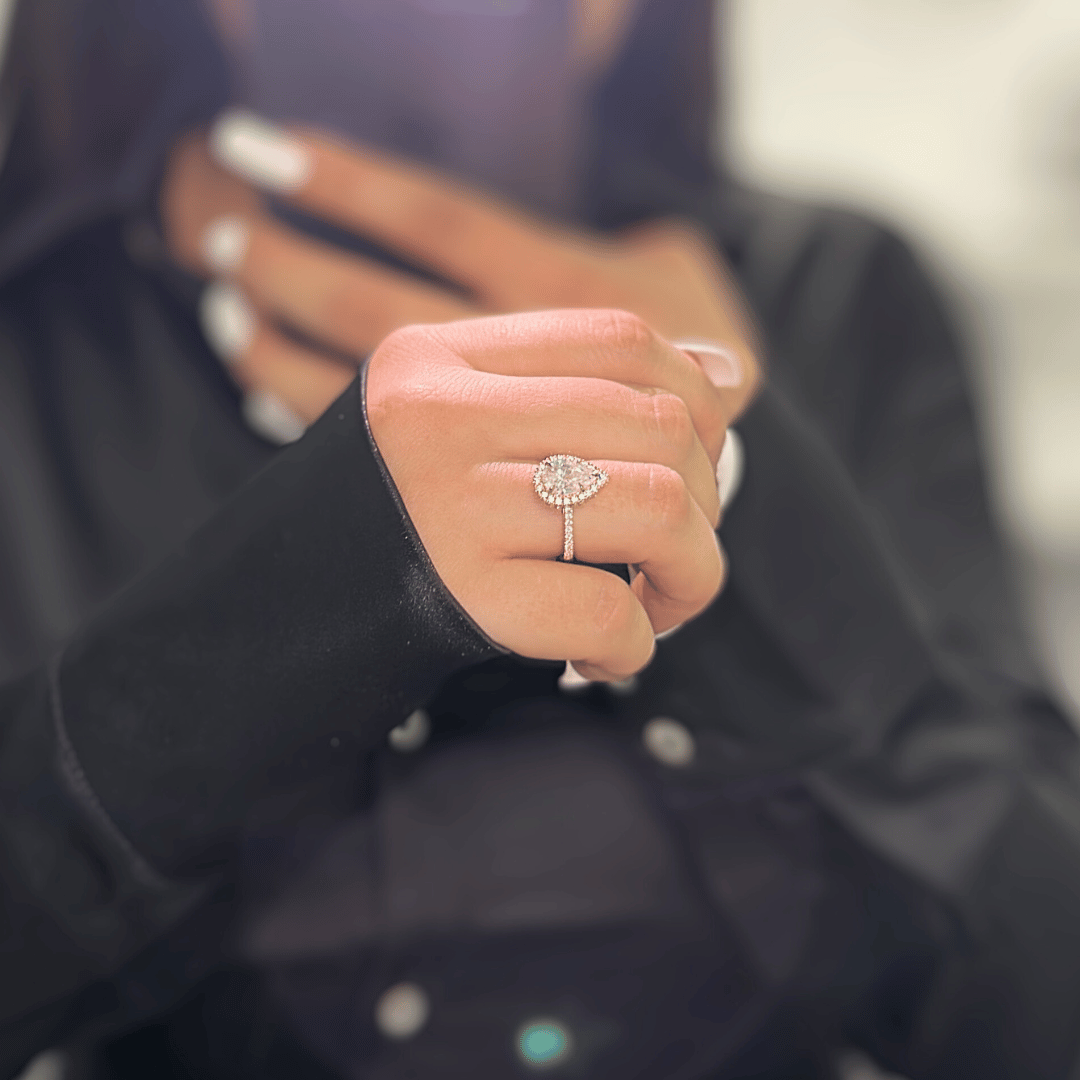 2.0ct Lab Ruby Pear Cut Moissanite Halo Engagement Ring