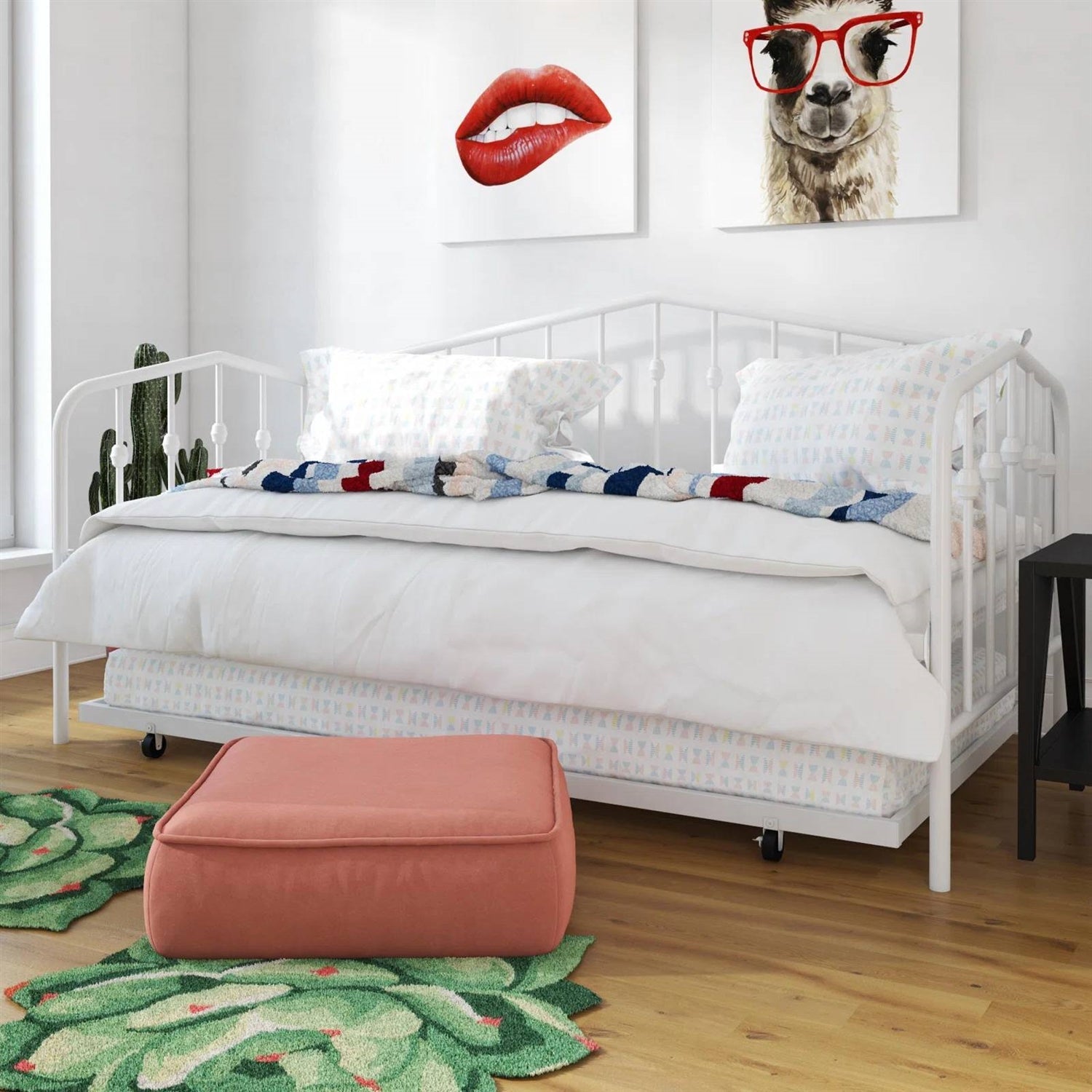Twin size Modern Industrial White Metal Daybed with Trundle Bed Frame