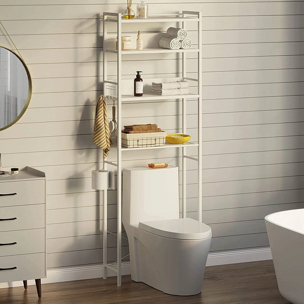 White Over the Toilet Storage Freestanding Modern Metal Wood Shelving Unit
