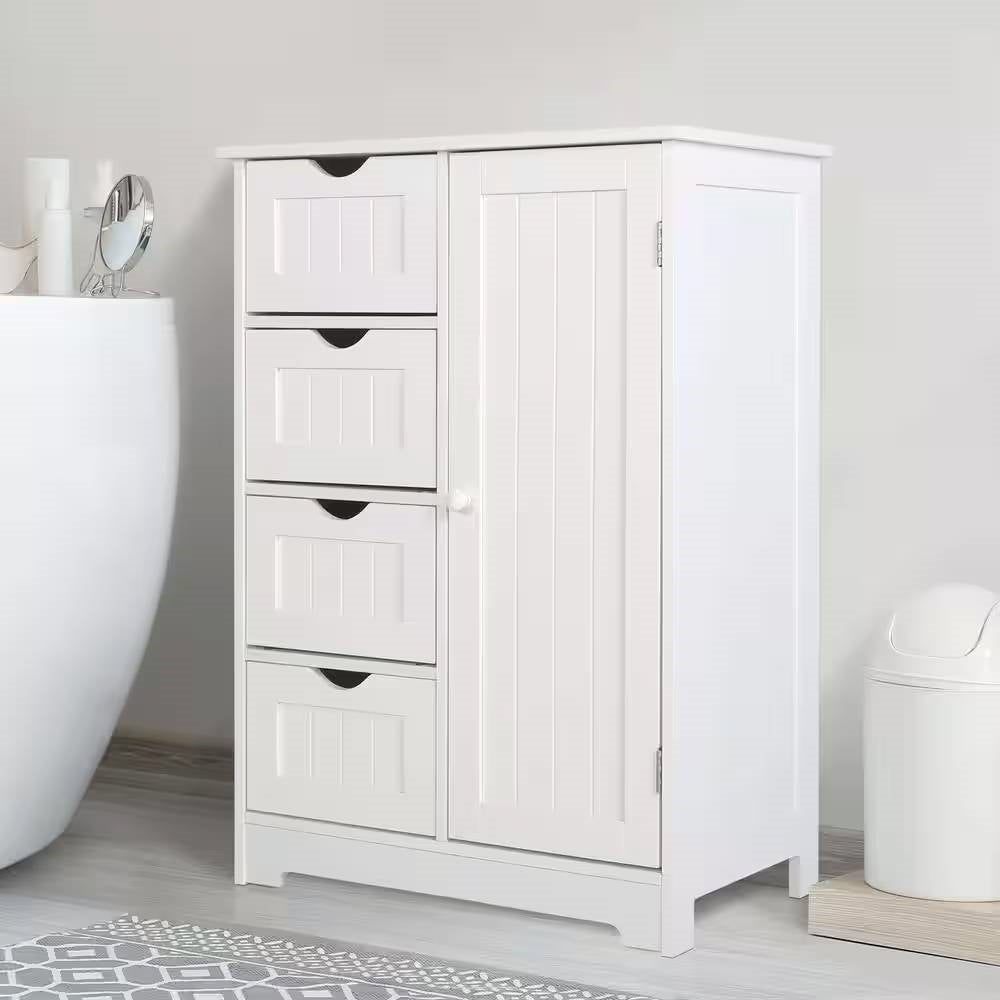 Modern Farmhouse 4-Drawer Bathroom Linen Cabinet in White Wood Finish